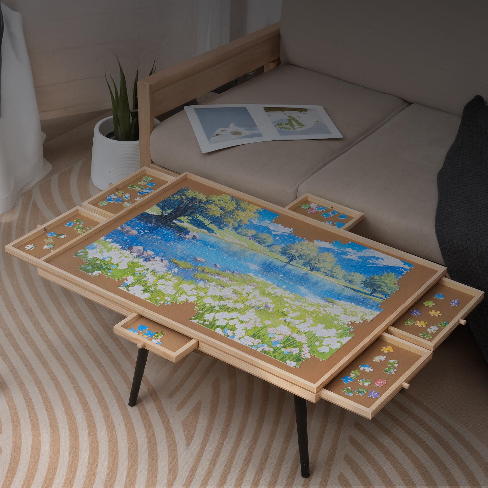 LIFEZEAL Puzzeltafel met 4 schuifladen, geclassificeerde puzzel met glad oppervlak, 65 x 80 cm, draagbare puzzeltafel voor 1000-1500 stukjes, ruimtebesparend, eenvoudige opslag, grenenhout