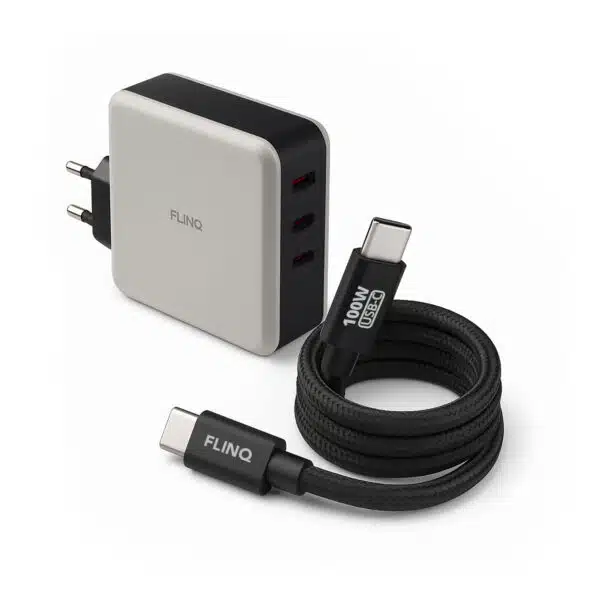 FlinQ-Nano-GaN-3-Port-100W-PD-Charger-+-USB-C-Cable-0